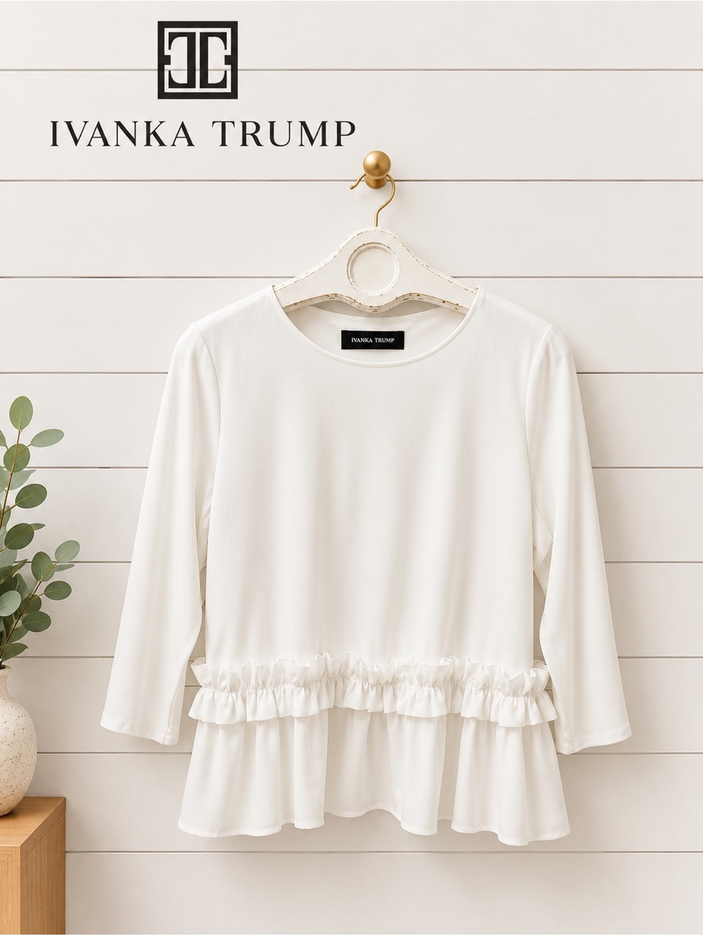 IVANKA TRUMP – White Ruffled Peplum Top (L Estimated)
